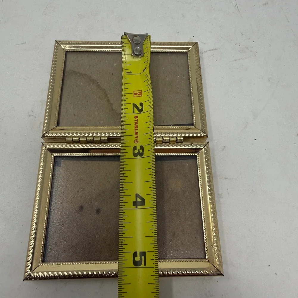 Vintage Gold Tone Metal Double Folding Picture Frame Hinged Bifold 2.5x3.5
